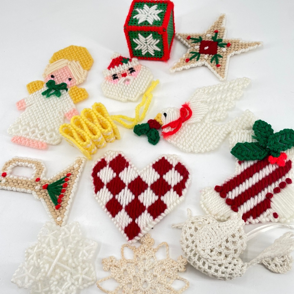 Vintage Plastic Canvas & Crochet Christmas Ornament Lot 11pc Handmade Retro Set